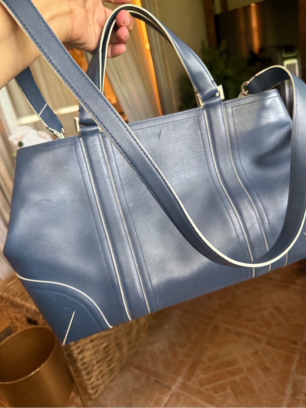 Ellen Tracy Navy Leather Tote with White Piping